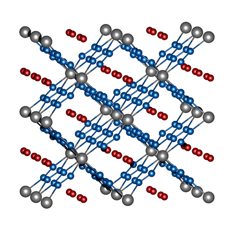 Abb. 2. Kristallstruktur von ReN₈·xN₂. Rheniumatome sind grau, Stickstoffatome der Rahmenstruktur blau, die Stickstoffmoleküle in den Kanälen rot. 