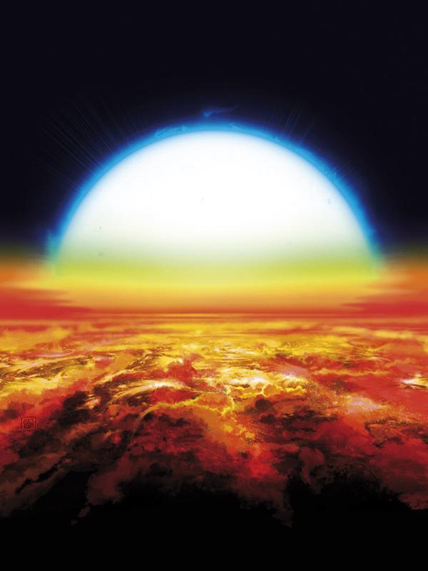 Künstlerische Ansicht eines Sonnenuntergangs über KELT-9b. Unter dieser sengenden Sonne leuchtet die Atmosphäre des Planeten rötlich, und Schwermetalle wie Eisen und Titan verdampfen.