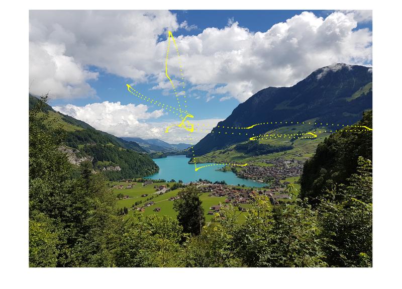 Wolken, See und Berg haben hier eine niedrige Raumfrequenz. Die Blicksteuerung im Colliculus Superior lässt unseren Blick zuerst diese Teile der Szene schnell erfassen (gelbe Punkte), währe