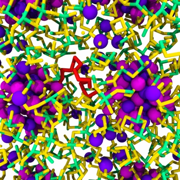 Indium arsenide nanocrystals embedded in amorphous SnS3. Magenta and violet balls, green and yellow tubes denote indium, arsenic, tin and sulphur atoms, respectively. A sulphur chain in red.