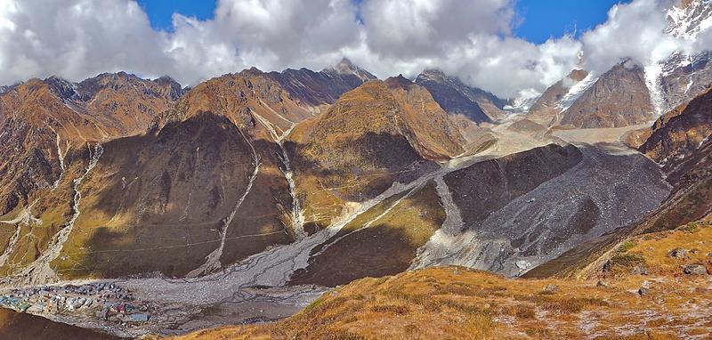 Photograph panorama looking over the devastation of the Kedarnath landslide, June 2013, Uttarakhand state, India.