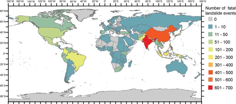 Number of non-seismically triggered fatal landslides by country (2004 to 2016)