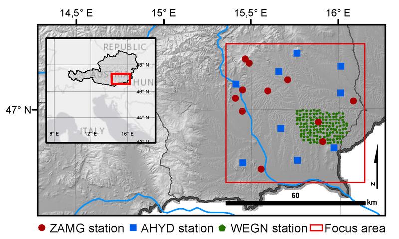 Das Untersuchungsgebiet in Südostösterreich schließt über 150 Stationen des WegenerNet Feldbachregion (grüne Punkte) sowie das umliegende Messnetz von ZAMG und Hydrografischem Dienst (AHYD) ein.
