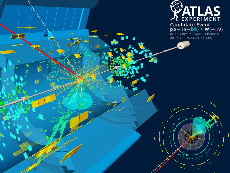Kollision zweier Protonen im CERN Beschleuniger LHC, bei der das Higgs-Boson kurzzeitig erzeugt wird und dann in zwei (bottom) Quarks zerfällt. 