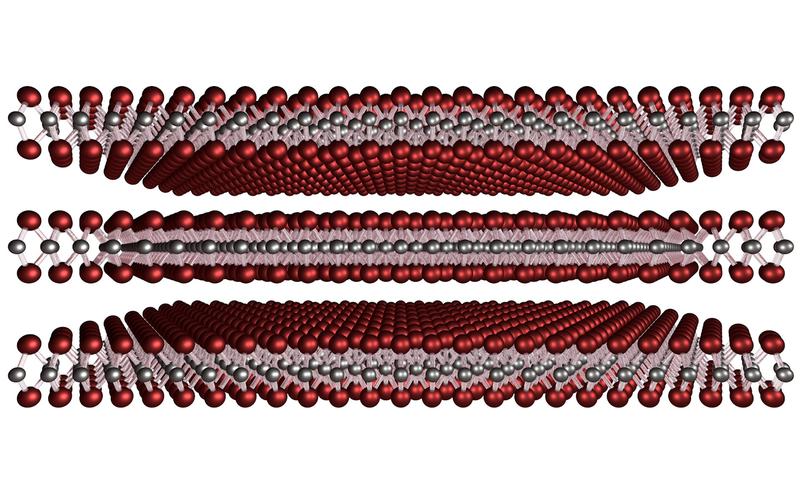 Tantalum disulphide is a kind of "crystal sandwich": between two layers of sulphur atoms (red) lies a layer of metallic tantalum (grey).