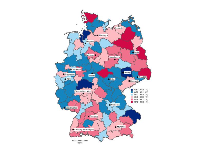 Psychologische Deutschlandkarte zum Merkmal Gewissenhaftigkeit (rote Werte: hoch, blaue Werte: niedrig). 