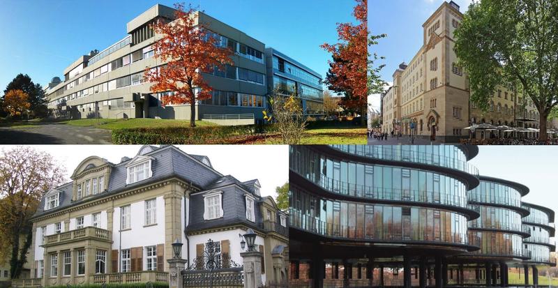 Die Standorte in Bonn (von links oben im Uhrzeigersinn):  MPI für Radioastronomie, MPI für Mathematik, Forschungszentrum caesar, und MPI zur Erforschung von Gemeinschaftsgütern. 