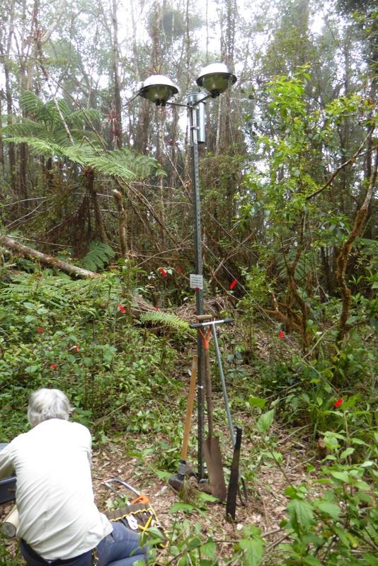 Messstation im Bergregenwald von Costa Rica. Dr. Carsten Brühl und Clemens Ruepert von der UNA sammeln Luft- und Wasserproben um die Konzentration von Pestiziden zu bestimmen 