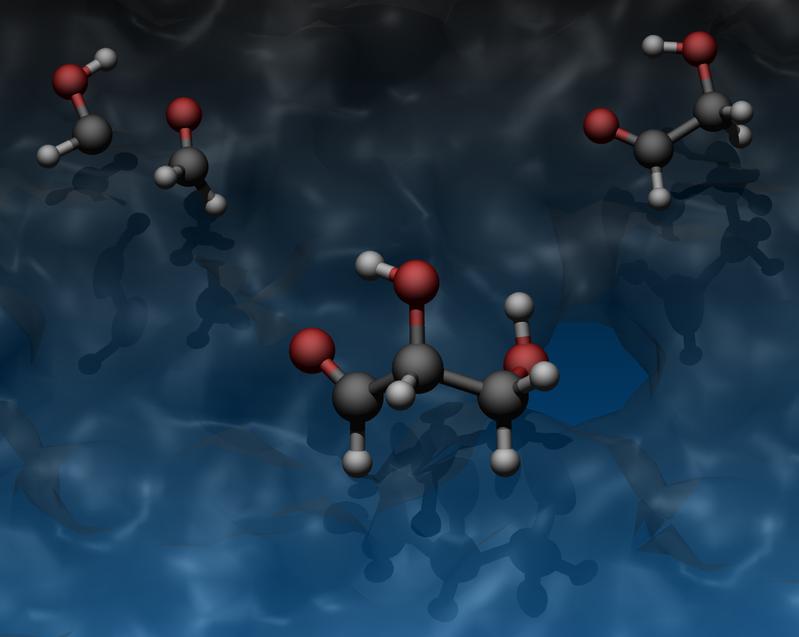 Die Reaktanden Hydroxymethylen und Formaldehyd (oben links), der einfachste Zucker, Glycolaldehyd (oben rechts) und der nächsthöhere Zucker (Glyceraldehyd), die in der Studie nachgewiesen wurden.