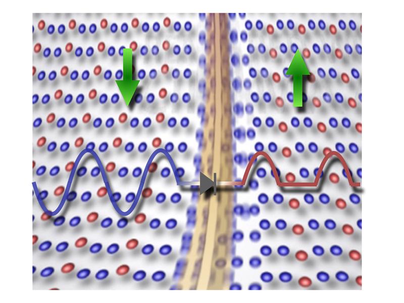 Spannungs- und frequenzabhängig bilden sich im Halbleiter polare Domänen mit unterschiedlichen Polarisationsrichtung aus, deren Wände einfache Diodeneigenschaften auf atomarer Skala aufweisen.