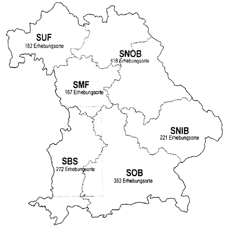 Bayerischer Sprachatlas. SUF: Sprachatlas von Unterfranken, SNOB: Sprachatlas von Nordostbayern, SMF: Sprachatlas von Mittelfranken, SNIB: Sprachatlas von Niederbayern, SBS: Sprachatlas von Bayerisch-Schwaben, SOB: Sprachatlas von Oberbayern.