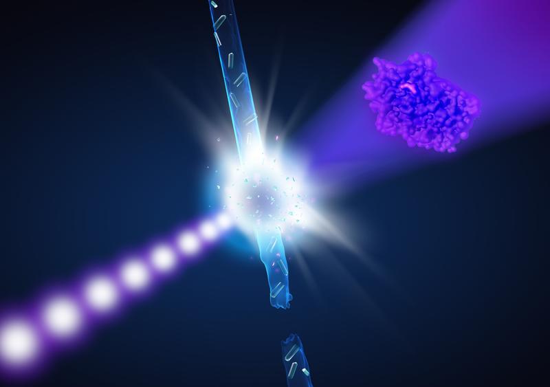 Künstlerische Darstellung: Treffen die Röntgenblitze (violett) die Enzymkristalle im Wasserstrahl (blau) lässt sich aus dieser Durchleuchtung die dreidimensionale Form des Enzyms rekonstruieren.