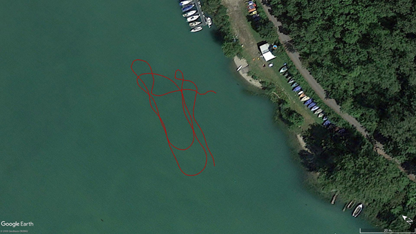 Ermittelte Fahrroute bei ersten Feldversuchen zur Bestimmung der Position von Unterwasserfahrzeugen in einem Gewässer nahe der französischen Grenze