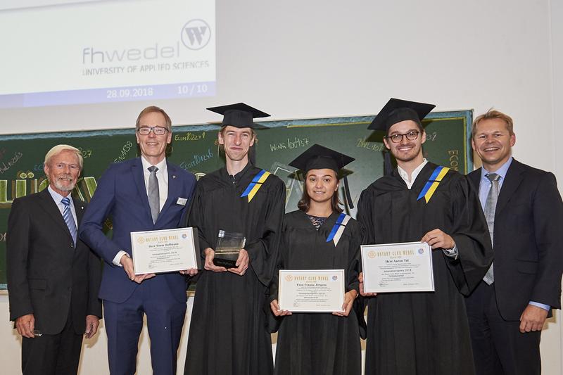 Dr. Dirk Harms, Mathias Dehn, Präsident Rotary Wedel, Timm Hoffmann, Frauke Jörgens, Aaron Tal, Prof. Eike Harms, Präsident FH Wedel