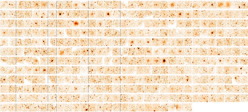 Das Mosaik zeigt die vom XMM-Newton-Satelliten gemessene Röntgenemission der bislang 365 im XXL Survey erfassten Galaxiencluster. Die Cluster sind nach steigender Entfernung von der Erde angeordnet. 
