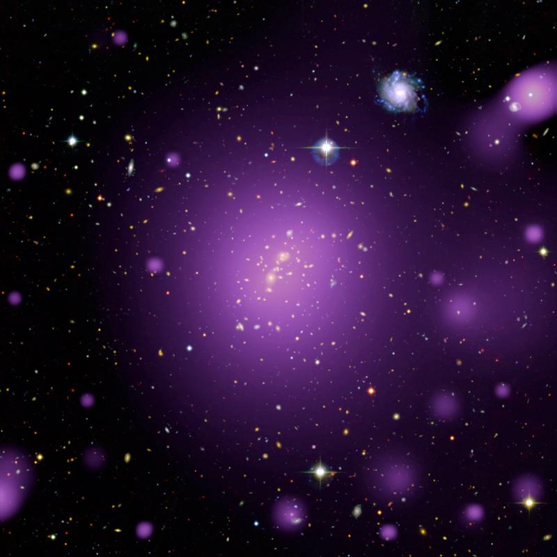 Galaxy cluster XLSSC 006: This composite results from the combination of X-ray data from the XXL survey (purple) together with observations from the Canada-France-Hawaii Telescope. 