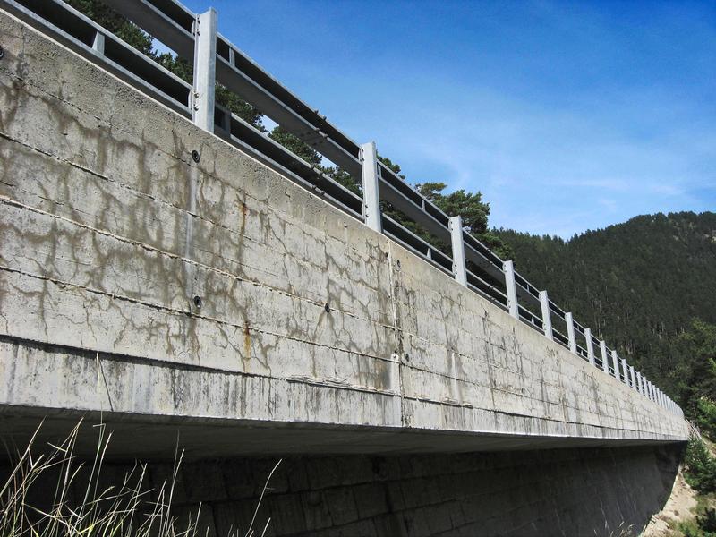 Concrete structures that have been damaged by AAR (alkali-aggregate reaction) exhibit these typical cracks. The dark color around the edges of the cracks is caused by leaking AAR products.