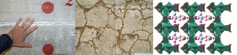 The cracks in the concrete caused by AAR form in tiny crystal fissures (middle photo) and are immediately visible to the naked eye (left-hand photo). 