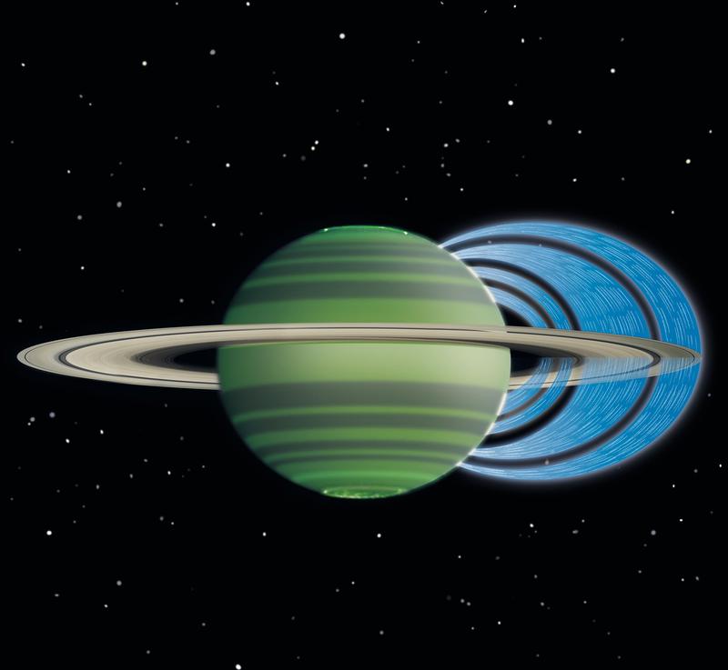 Die Darstellung zeigt, wie geladene Wassereispartikel vom Ringsystem des Planeten Saturn in dessen Atmosphäre strömen wodurch sich deren Helligkeit verringert. 