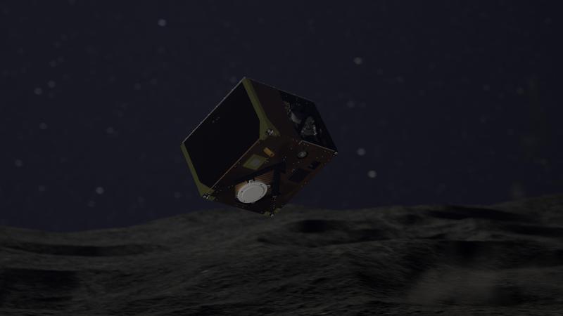 MASCOT im Landeanflug. Aus einer Höhe von ca. 60 Metern sinkt MASCOT auf den Asteroiden Ryugu