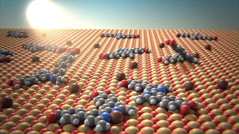 Die räumliche Anordnung von Bipyridin-Molekülen (grau) verändert sich auf einer Oberfläche aus Nickel- und Sauerstoffatomen (gelb/rot). 