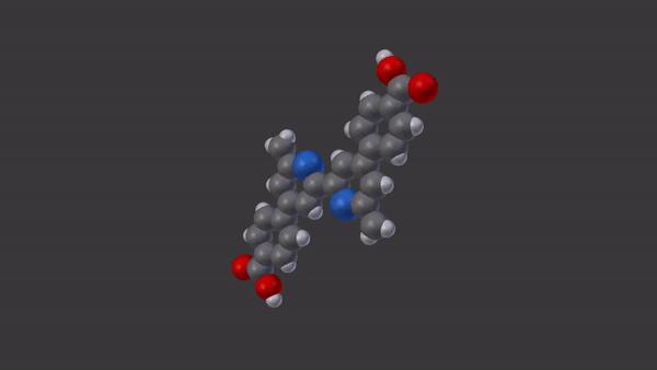 Bei der Bindung eines Eisenatoms (braun) verändert sich die Konfiguration des Bipyridinmoleküls.