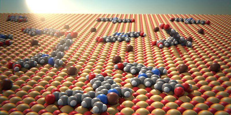 Scientists were able to determine the spatial arrangement of bipyridine molecules (gray) on a surface of nickel and oxygen atoms (yellow/red).