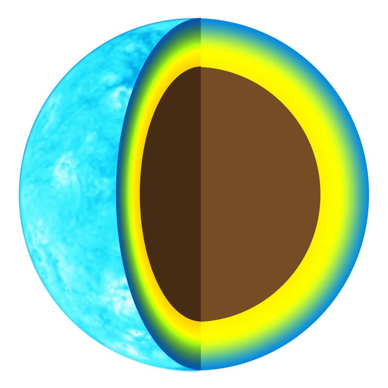 Model von einer möglichen Struktur eines Exoplaneten mit einem Kern aus Gestein und einer Atmosphäre aus Gas (Künstlerische Impression) 