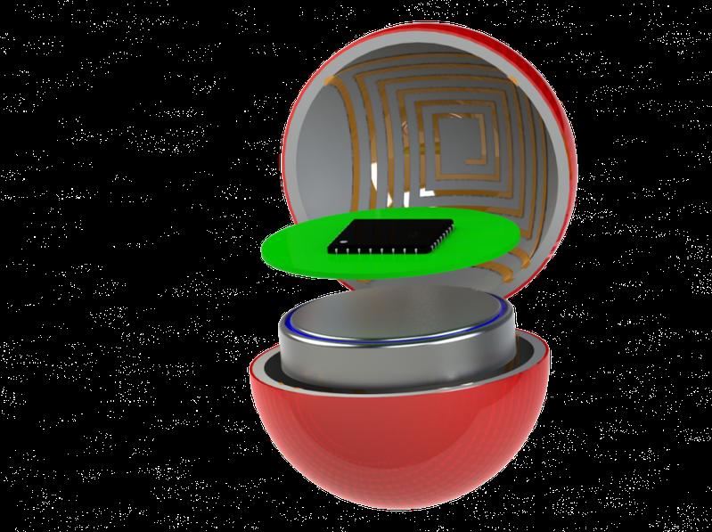 Konzept der Sens-o-Spheres mit Energieempfänger, Mikrocontroller und Signalverarbeitung, Batterie sowie Kapselung