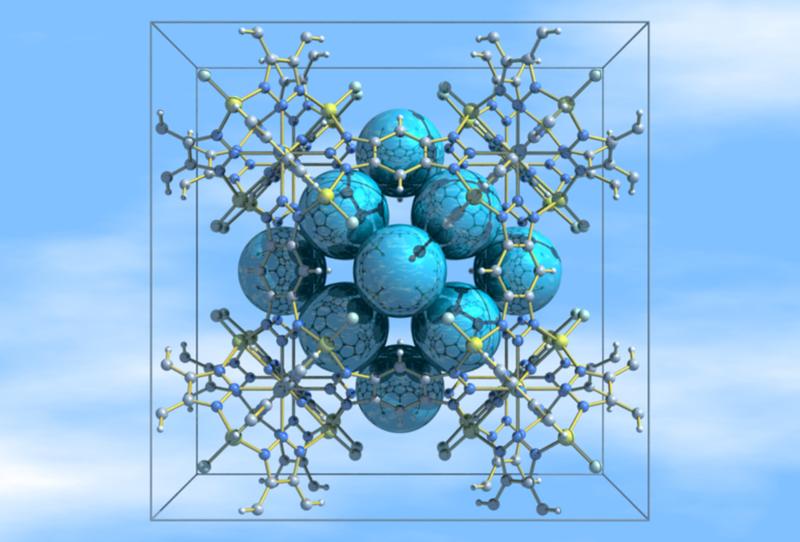 15 xenon atoms (blue spheres) in a nano-cavity in the material MFU-4, a compound developed by the Augsburg research team for gas storage by means of “kinetic trapping”.