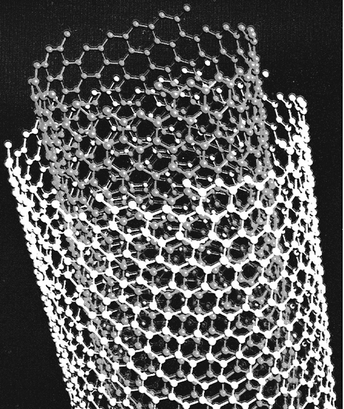 Abb. 1. Kohlenstoff-Nanoröhrchen, bestehend aus zwei Schalen. Das von Iijima entwickelte Modell zeigt die Helizität (Schraubensinn) der Graphitschichten.