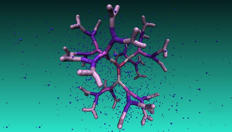 DNA-basiertes Dendrimer der fünften Generation, eingetaucht in eine Gegenionenlösung. Regelmäßige Hohlräume im Inneren dieses neuartigen Makromoleküls können als Nanoteilchen-Träger eingesetzt werden