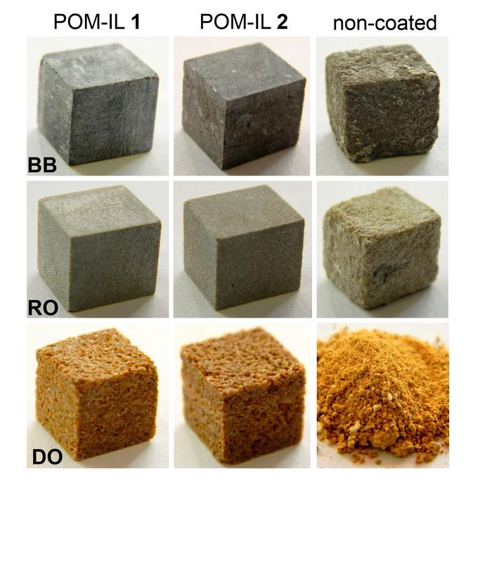 Mit POM-IL behandelte Gesteinsproben sowie Referenzen ohne Schutzfilm (Spalte 3) nach der Bedampfung mit Essigsäure
