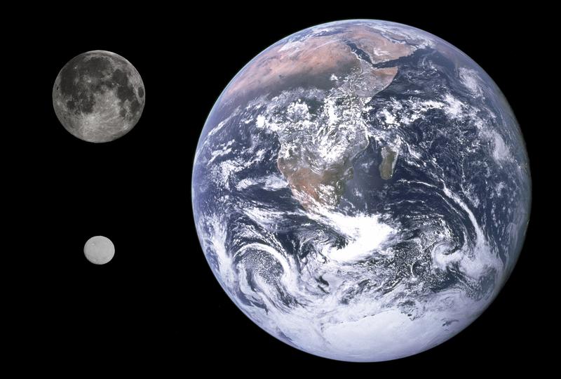 Erde, Mond und Zwergplanet Ceres im Vergleich. Aus der Analyse der Zeitreihenmessungen von Pulsaren ergibt sich für Ceres eine Masse von 4.7×10-10 Sonnenmassen; das sind 1,3% der Masse des Erdmonds.