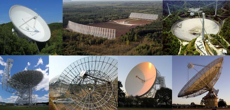 Telescopes used for the observations within the International Pulsar Timing Array (IPTA). Clockwise from upper left: Effelsberg, Nancay, Arecibo, Parkes, The Lovell Telecope, Westerbork,  and GBT.