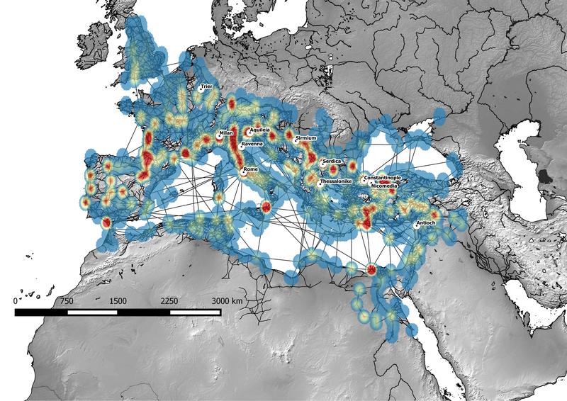 Netzwerkmodell der See-, Fluss- und Landrouten im Römischen Reich, 1.-5. Jh. n. Chr.; farblich gekennzeichnet sind wichtige Verbindungszonen im Gesamtsystem. 