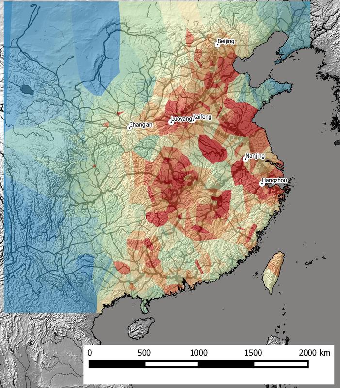 Netzwerkmodell der Fluss- und Landrouten im kaiserzeitlichen China (6.-19. Jh.), farblich gekennzeichnet ist die unterschiedliche Konnektivität verschiedener Regionen. 