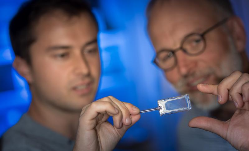 Die Rubidium-Atome werden in einer Glaszelle bei Raumtemperatur in ihre Rydberg-Zustände angeregt. Das Volumen zwischen den Platten ist so dünn, dass die farbigen Interferenzringe zu sehen sind. 