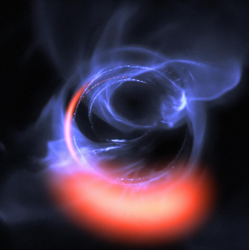 Diese Visualisierung verwendet Simulationsdaten von Orbitalbewegungen von Gasen, die bei etwa 30% der Lichtgeschwindigkeit auf einer kreisförmigen Umlaufbahn um das Schwarze Loch herum wirbeln.