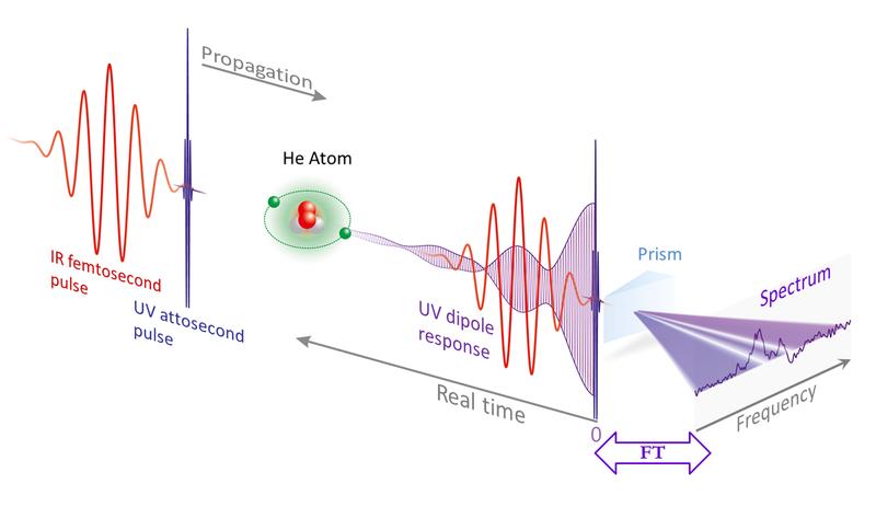 Fig. 1: IR-modified dipole response of a He atom after excitation by an UV laser. The spectrum is connected with the time-dependent response via Fourier transform (FT).