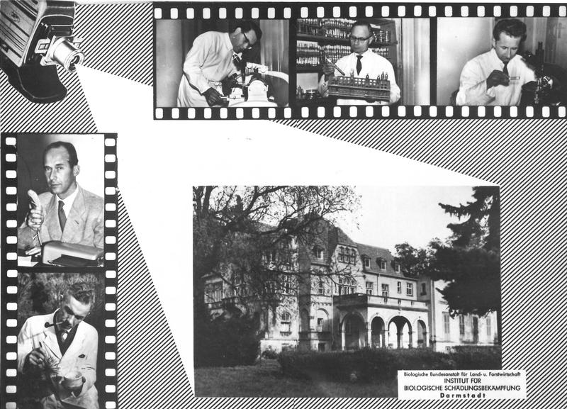 Postkarte  mit Bild des 1. festen Standortes in der Oetinger-Villa in Darmstadt un den damals fünf Wissenschaftlern, Aufnahme: Ende 1950er Jahre 