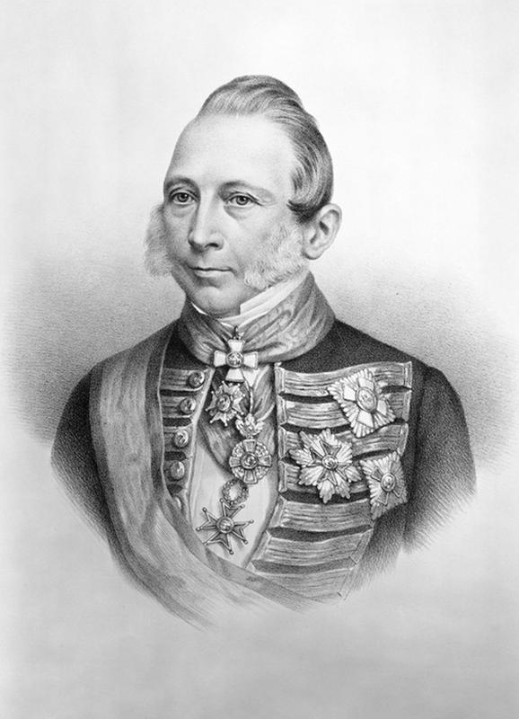 Graf Franz Egon von Fürstenberg (1797–1859). Der Eifel-Wolf war Teil seines Naturalienkabinetts auf Schloss Stammheim bevor er ans Museum Koenig nach Bonn gelangte.