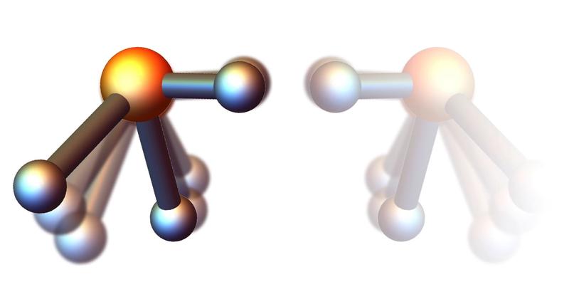 Durch schnelle Rotation verlieren symmetrische Molekül ihre Symmetrie: Bindungen entlang der Rotationsachse sind dann kürzer als andere. Je nach Drehrichtung entstehen zwei spiegelbildliche Formen. 