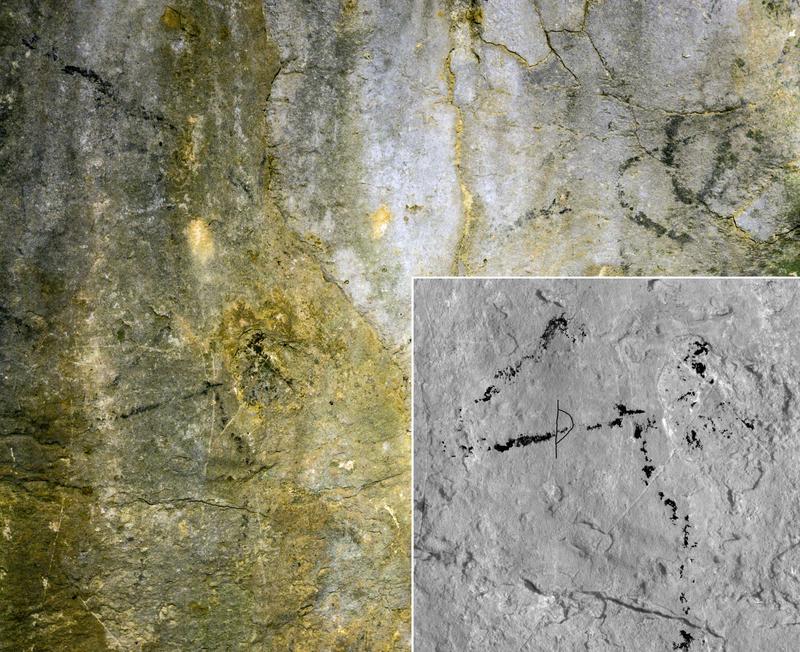 Malerei eines Pferdevorderkörpers in der Höhle  Agneux I, Rully, Saône-et-Loire, Frankreich, unten rechts Vergrößerung des Tierkopfes