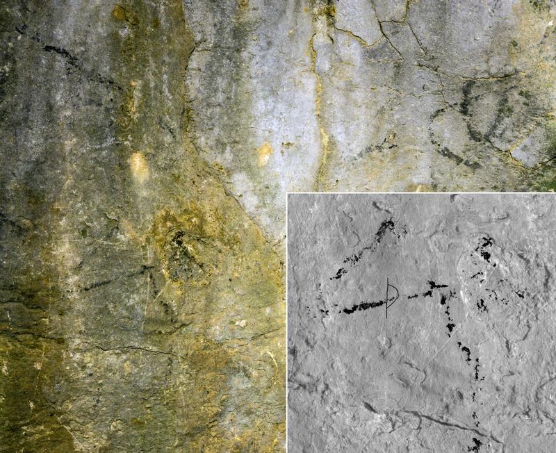Malerei eines Pferdevorderkörpers in der Höhle  Agneux I, Rully, Saône-et-Loire, Frankreich, unten rechts Vergrößerung des Tierkopfes