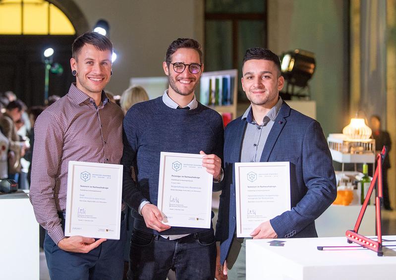 Erfolgreich beim Sächsischen Staatspreis für Design: Die Produktdesigner der HTW Dresden Steve Leisner, Bastian-Jirko Spinger und Marcel Ebert (v.l.n.r.)