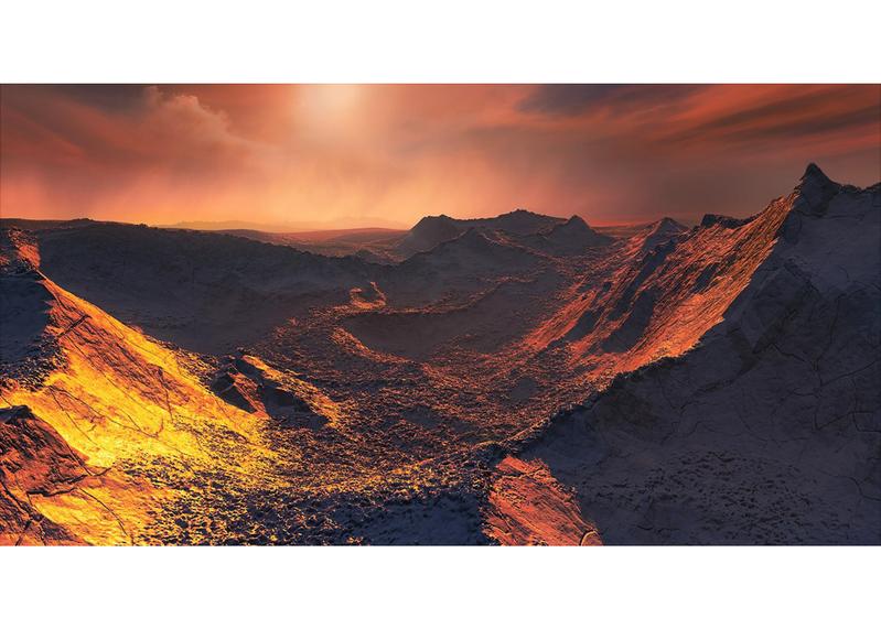 Künstlerische Illustration eines Sonnenuntergangs auf Barnards Stern b
