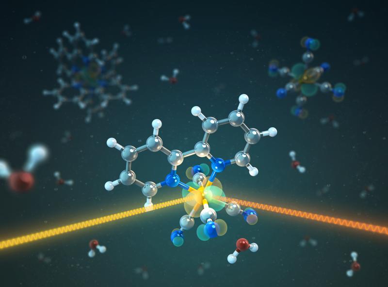   Die Illustration zeigt eine Verbindung, in deren Zentrum ein Eisen-Atom sitzt. Es ist von 4 CN-Gruppen und einem Bipyridin Molekül umgeben. 