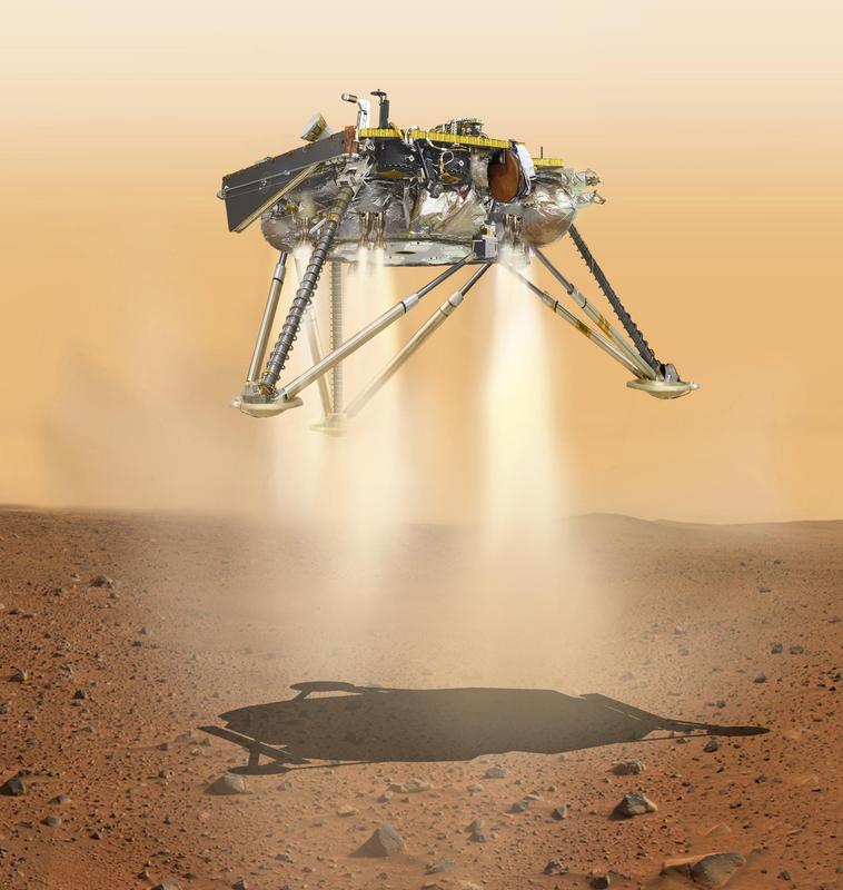 Mit Hilfe von Bremsraketen überwindet die Landesonde InSight die letzten Meter bis zur Oberfläche.   