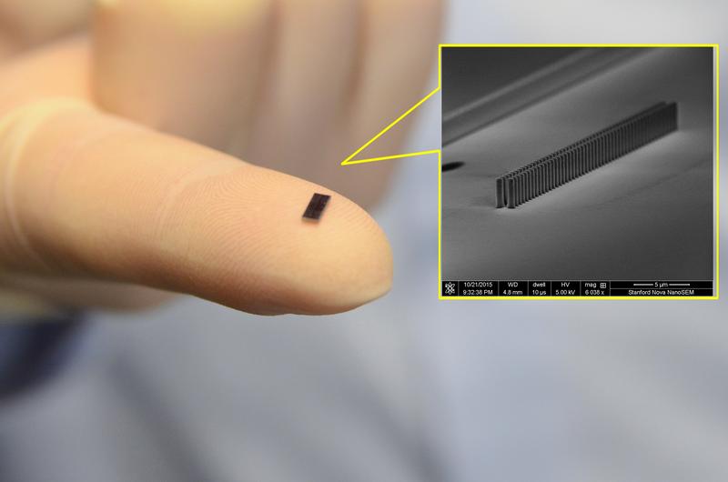 Accelerator chip on the tip of a finger, and an electron microscope image of the chip.